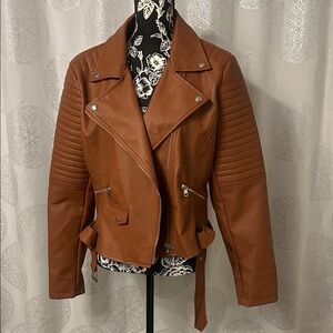 Women’s Motorcycle Rider Camel Brown Faux Leather Biker Moto Jacket XL